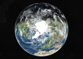 Globus zentriert auf den Nordpol, Satellitenbild in Echtfarben